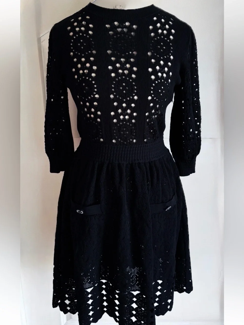 CHANEL Spring 2020 Black Eyelet crochet Knit mini flared Dress
